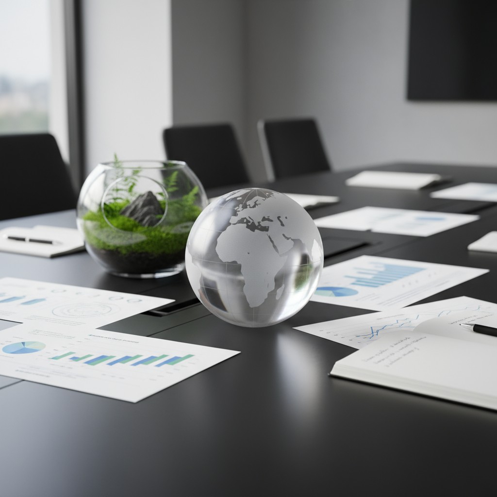 A modern conference room interior featuring a flip chart, a glass terrarium, and several charts.