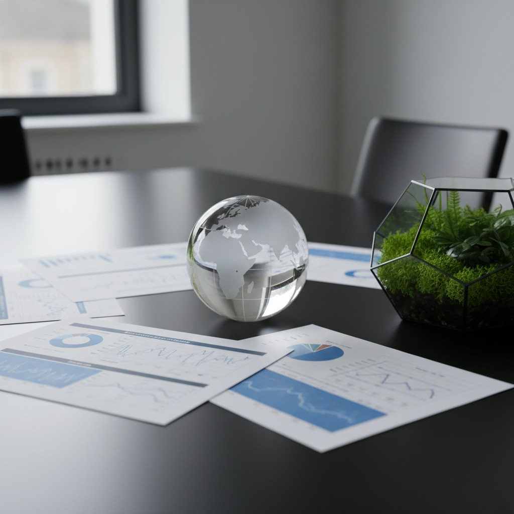 A glass globe containing an outline of the world rests atop a black desk. In the foreground, multiple sample charts are ar...