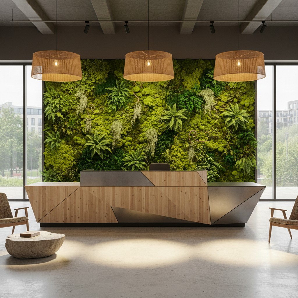 An office interior with a large greenery wall focused around the reception area, featuring wooden panels, hanging light fi...